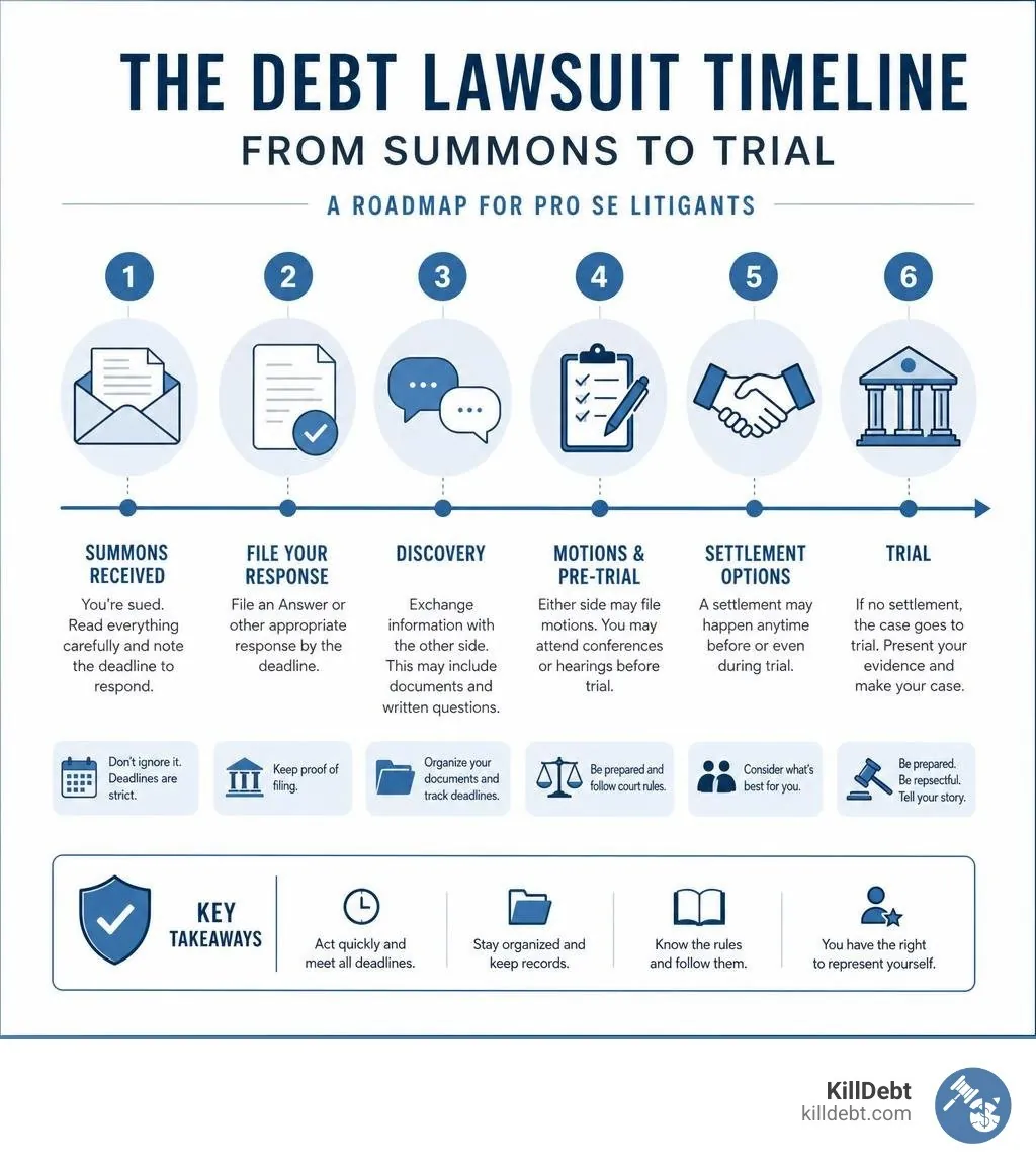 Timeline infographic showing key stages of a debt lawsuit from summons to trial for pro se litigants