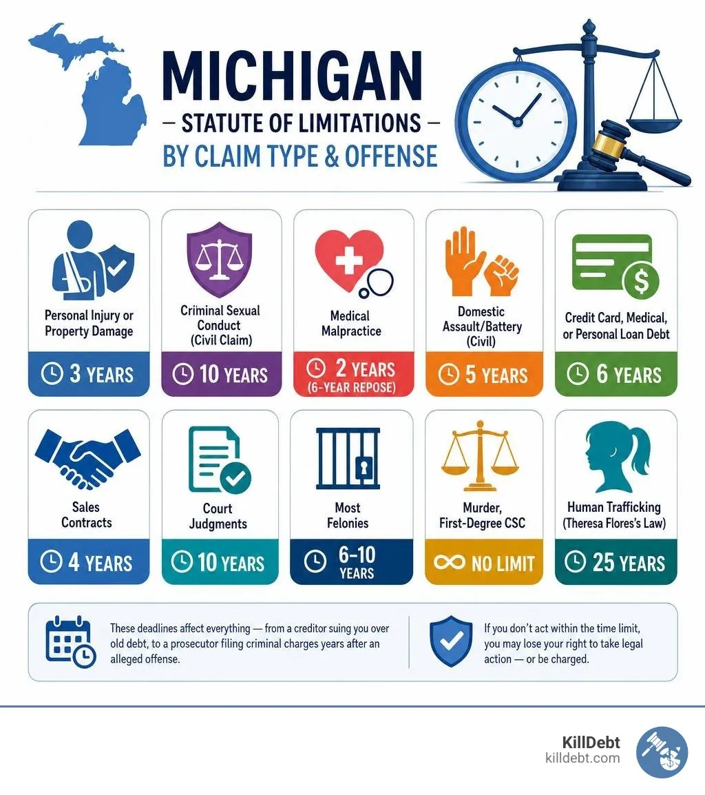 Infographic showing Michigan statute of limitations periods by claim type and offense