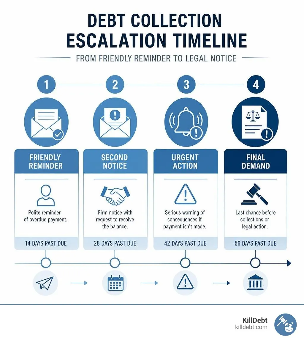 Debt collection escalation timeline from friendly reminder to legal notice infographic