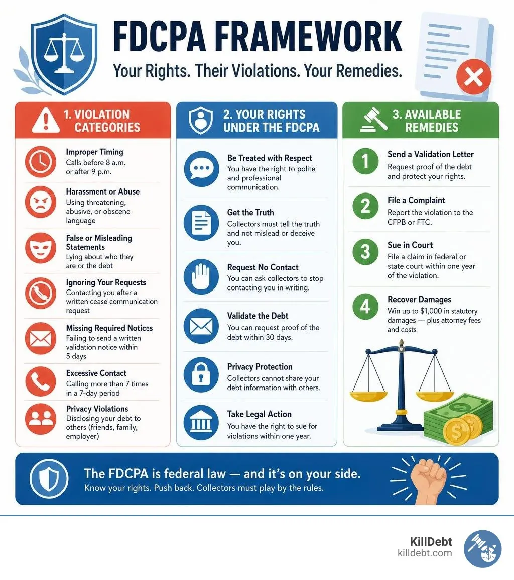 FDCPA framework infographic showing violation categories, consumer rights, and available remedies