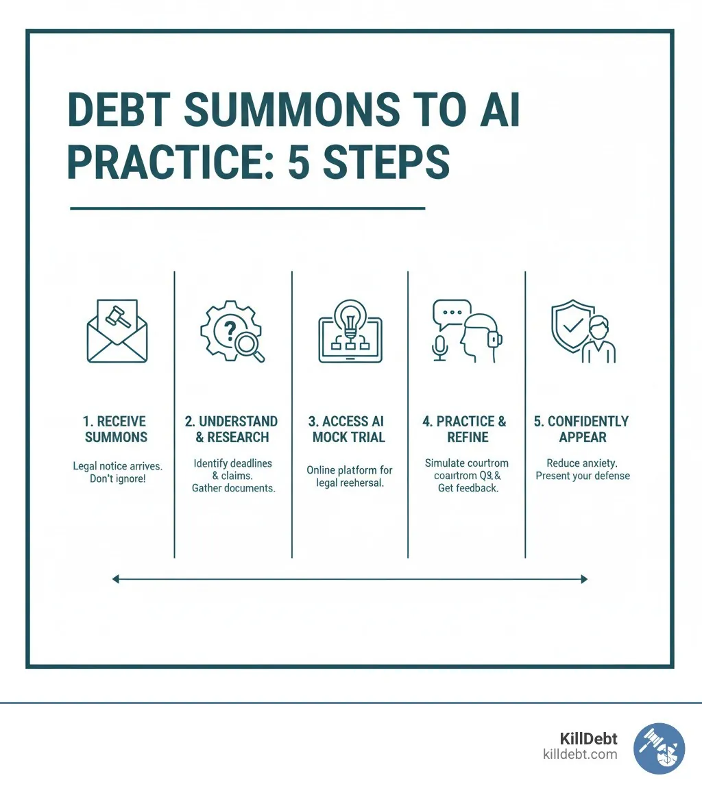 Infographic explaining the step-by-step process of receiving a summons to practicing with AI