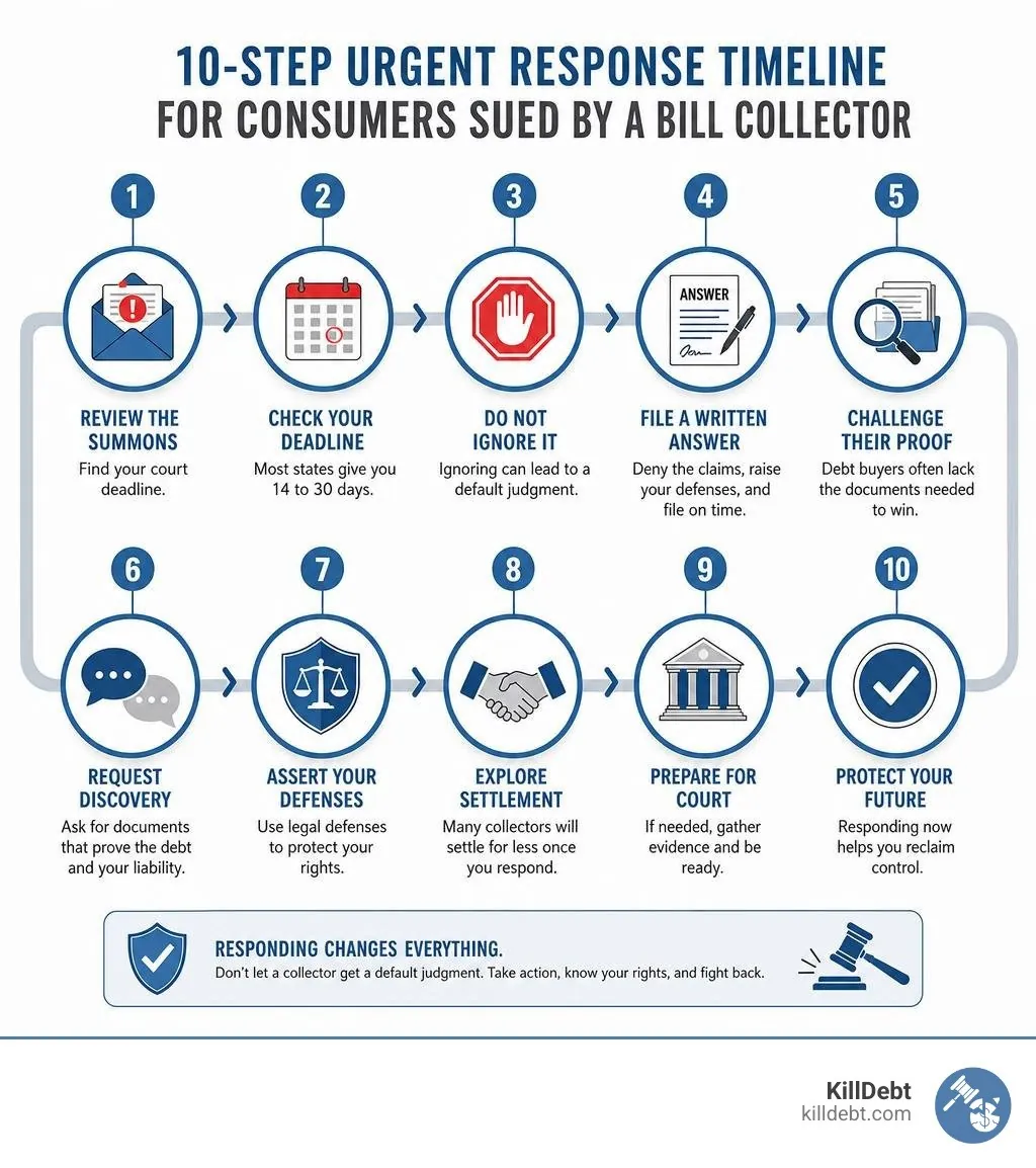 10-step urgent response timeline infographic for consumers sued by a bill collector