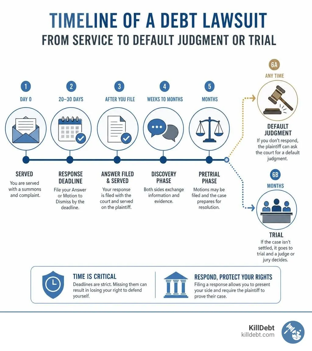 Timeline of a debt lawsuit from service to default judgment or trial infographic. Day 0: you receive the summons and complaint. Within 20 to 30 days: file your Answer or Motion to Dismiss. Discovery phase, weeks to months: both sides exchange information and evidence. Pretrial phase, months. Trial, months: a judge or jury decides. No response: the plaintiff can ask for a default judgment.