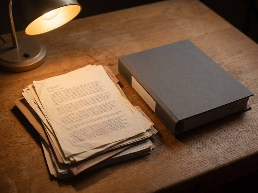 A stack of transcript pages and a bound volume on a desk under a lamp.
