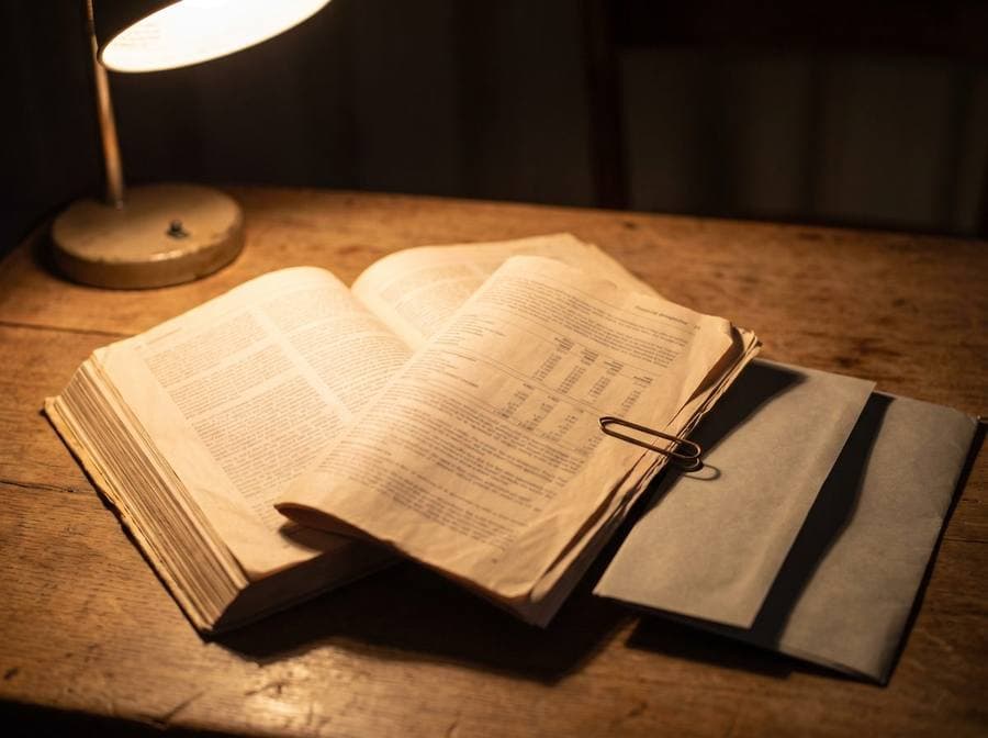 An open financial prospectus on a desk under a lamp.